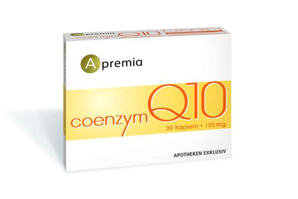 Sie sehen eine Packung Apremia Coenzym Q10 100mg Kapseln, Produktbild: 01 Apremia Coenzym Q10 100mg Kapseln, A-Nr.: 3936021 - 01