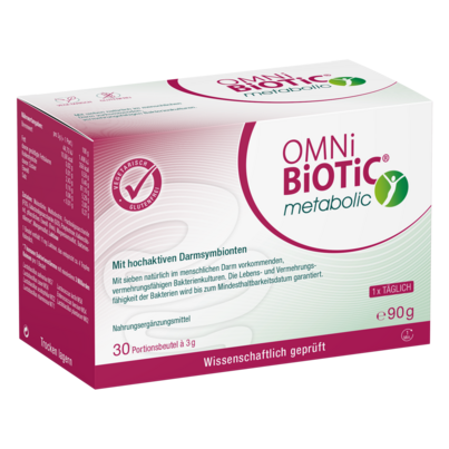 Sie sehen eine Packung OMNi-BiOTiC® metabolic, 30 Sachets a 3g, Produktbild: 01 OMNi-BiOTiC® metabolic, 30 Sachets a 3g, A-Nr.: 4193993 - 01