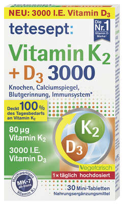 Sie sehen eine Packung tetesept Vitamin K2+D3 3000 FTA, Produktbild: 01 tetesept Vitamin K2+D3 3000 FTA, A-Nr.: 5934925 - 01