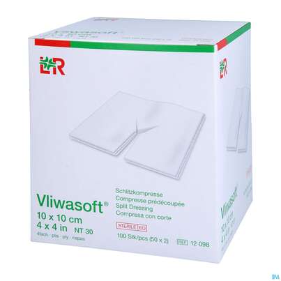 Sie sehen eine Packung Schlitzkompressen Vliwasoft 4fach Steril 10x 10cm 100st, Produktbild: 04 Schlitzkompressen Vliwasoft 4fach Steril 10x 10cm 100st, A-Nr.: 1518791 - 04