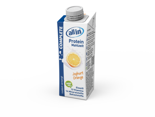 Sie sehen eine Packung all in® COMPLETE Joghurt Orange (14 x 250 ml), Produktbild: 01 all in® COMPLETE Joghurt Orange (14 x 250 ml), A-Nr.: 4907292 - 01