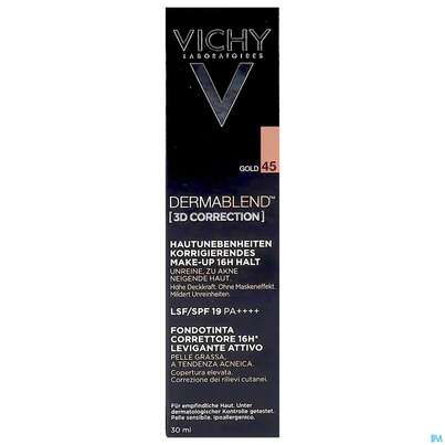 Sie sehen eine Packung Vichy Dermablend 3d Coverflow 45 Gold 30ml, Produktbild: 01 Vichy Dermablend 3d Coverflow 45 Gold 30ml, A-Nr.: 4436013 - 01