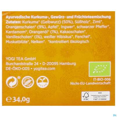 Sie sehen eine Packung Yogi Tea Bio Kurkuma Orange 17st, Produktbild: 05 Yogi Tea Bio Kurkuma Orange 17st, A-Nr.: 5750102 - 05