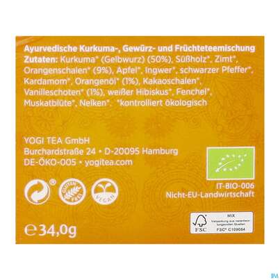 Sie sehen eine Packung Yogi Tea Bio Kurkuma Orange 17st, Produktbild: 06 Yogi Tea Bio Kurkuma Orange 17st, A-Nr.: 5750102 - 06