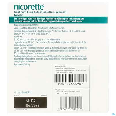 Sie sehen eine Packung Nicorette Lutschtabl Freshmint 2mg 80st, Produktbild: 04 Nicorette Lutschtabl Freshmint 2mg 80st, A-Nr.: 5530151 - 04