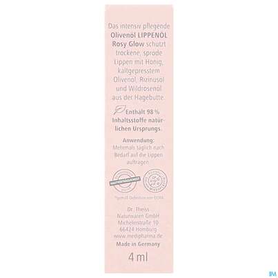Sie sehen eine Packung Oliven Oel Lippenoel Rosy Glow Medipharma Cosmetics 4ml, Produktbild: 03 Oliven Oel Lippenoel Rosy Glow Medipharma Cosmetics 4ml, A-Nr.: 5879936 - 03