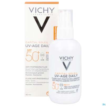 Sie sehen eine Packung Sonnenprodukte Vichy/capital Soleil Uv-age Daily Lsf 50+ 80ml, Produktbild: 10 Sonnenprodukte Vichy/capital Soleil Uv-age Daily Lsf 50+ 80ml, A-Nr.: 5893356 - 10