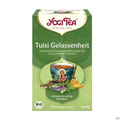 Sie sehen eine Packung Yogi Tea Bio Tulsi Gelassenheit 34g 17st, Produktbild: 01 Yogi Tea Bio Tulsi Gelassenheit 34g 17st, A-Nr.: 5879422 - 01