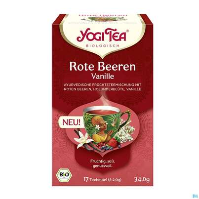 Sie sehen eine Packung Yogi Tea Bio Rote Beere Vanille 34,0g 17st, Produktbild: 01 Yogi Tea Bio Rote Beere Vanille 34,0g 17st, A-Nr.: 5879416 - 01