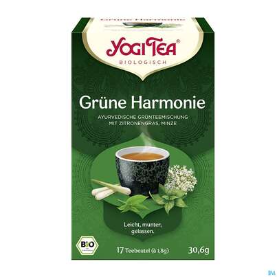 Sie sehen eine Packung Yogi Tea Bio Gruene Harmonie 17st, Produktbild: 01 Yogi Tea Bio Gruene Harmonie 17st, A-Nr.: 5750148 - 01
