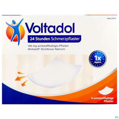 Sie sehen eine Packung Voltadol 24h Schmerzpflaster Wirkstoffhaltig 140mg 5st, Produktbild: 01 Voltadol 24h Schmerzpflaster Wirkstoffhaltig 140mg 5st, A-Nr.: 5534976 - 01