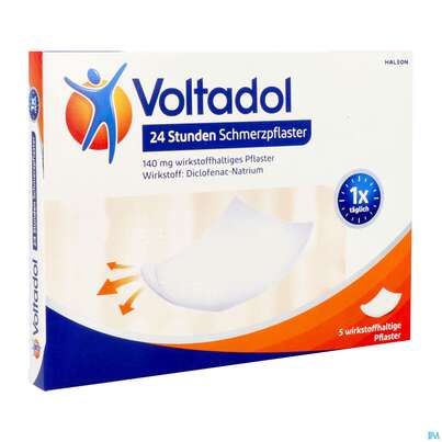 Sie sehen eine Packung Voltadol 24h Schmerzpflaster Wirkstoffhaltig 140mg 5st, Produktbild: 02 Voltadol 24h Schmerzpflaster Wirkstoffhaltig 140mg 5st, A-Nr.: 5534976 - 02
