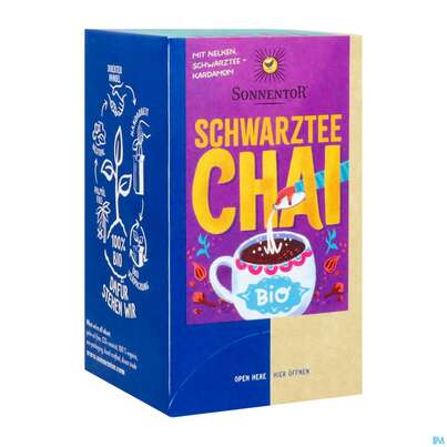 Sie sehen eine Packung Sonnentor Tee/aufgussbeutel Bio Schwarztee Chai 02341 18st, Produktbild: 02 Sonnentor Tee/aufgussbeutel Bio Schwarztee Chai 02341 18st, A-Nr.: 5913320 - 02