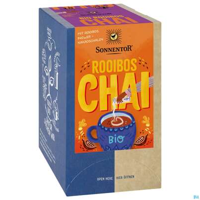 Sie sehen eine Packung Sonnentor Tee/aufgussbeutel Bio Rooibos Chai 02340 18st, Produktbild: 01 Sonnentor Tee/aufgussbeutel Bio Rooibos Chai 02340 18st, A-Nr.: 5913308 - 01