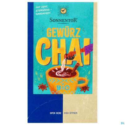Sie sehen eine Packung Sonnentor Tee/aufgussbeutel Bio Gewuerz Chai 02339 18st, Produktbild: 01 Sonnentor Tee/aufgussbeutel Bio Gewuerz Chai 02339 18st, A-Nr.: 5913202 - 01
