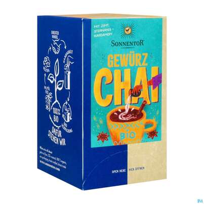 Sie sehen eine Packung Sonnentor Tee/aufgussbeutel Bio Gewuerz Chai 02339 18st, Produktbild: 02 Sonnentor Tee/aufgussbeutel Bio Gewuerz Chai 02339 18st, A-Nr.: 5913202 - 02