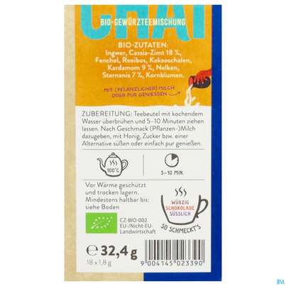 Sie sehen eine Packung Sonnentor Tee/aufgussbeutel Bio Gewuerz Chai 02339 18st, Produktbild: 03 Sonnentor Tee/aufgussbeutel Bio Gewuerz Chai 02339 18st, A-Nr.: 5913202 - 03
