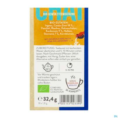 Sie sehen eine Packung Sonnentor Tee/aufgussbeutel Bio Gewuerz Chai 02339 18st, Produktbild: 04 Sonnentor Tee/aufgussbeutel Bio Gewuerz Chai 02339 18st, A-Nr.: 5913202 - 04