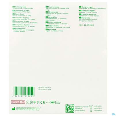 Sie sehen eine Packung Schlitzkompressen Gazin 17faedig Steril 8fach 10x 10cm 50x2 100st, Produktbild: 02 Schlitzkompressen Gazin 17faedig Steril 8fach 10x 10cm 50x2 100st, A-Nr.: 2404411 - 02