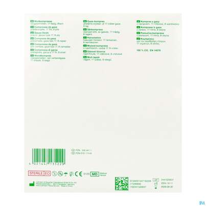 Sie sehen eine Packung Schlitzkompressen Gazin 17faedig Steril 8fach 10x 10cm 50x2 100st, Produktbild: 03 Schlitzkompressen Gazin 17faedig Steril 8fach 10x 10cm 50x2 100st, A-Nr.: 2404411 - 03