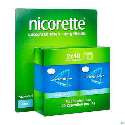 Sie sehen eine Packung Nicorette Lutschtabl Freshmint 4mg 80st, Produktbild: 01 Nicorette Lutschtabl Freshmint 4mg 80st, A-Nr.: 5530168 - 01