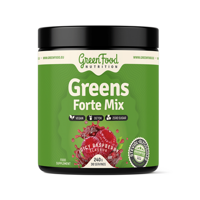 Sie sehen eine Packung GreenFood Nutrition Greens Forte Mix 240 G Himbeere, Produktbild: 01 GreenFood Nutrition Greens Forte Mix 240 G Himbeere, A-Nr.: 6004482 - 01