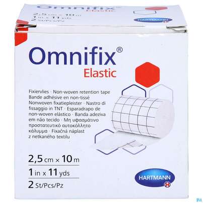 Sie sehen eine Packung Fixierpflaster Omnifix Elastic Fixiervlies 10mx 2,5cm Ro 2st, Produktbild: 01 Fixierpflaster Omnifix Elastic Fixiervlies 10mx 2,5cm Ro 2st, A-Nr.: 3094444 - 01