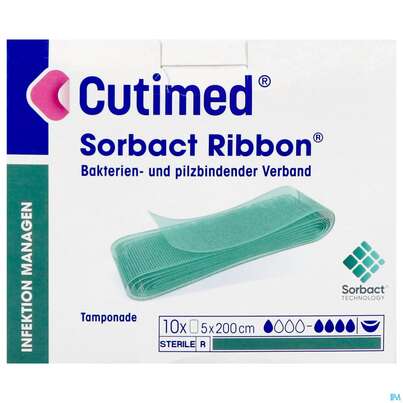Sie sehen eine Packung Tamponaden Cutimed/sorbact Ribbon 5x200cm Nr 72 10st, Produktbild: 01 Tamponaden Cutimed/sorbact Ribbon 5x200cm Nr 72 10st, A-Nr.: 2996096 - 01