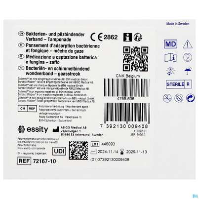 Sie sehen eine Packung Tamponaden Cutimed/sorbact Ribbon 5x200cm Nr 72 10st, Produktbild: 04 Tamponaden Cutimed/sorbact Ribbon 5x200cm Nr 72 10st, A-Nr.: 2996096 - 04