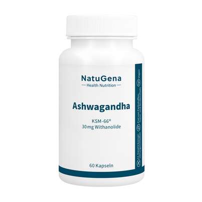 Sie sehen eine Packung NatuGena Ashwagandha Kapseln, Produktbild: 01 NatuGena Ashwagandha Kapseln, A-Nr.: 5699080 - 01