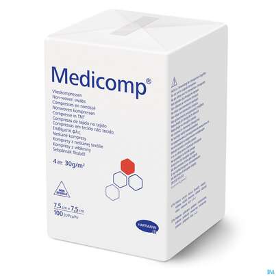 Sie sehen eine Packung Kompressen Medicomp Vliesstoff 4fach Unsteril 7,5x 7,5cm 100st, Produktbild: 03 Kompressen Medicomp Vliesstoff 4fach Unsteril 7,5x 7,5cm 100st, A-Nr.: 1652035 - 03