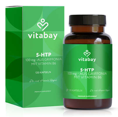 Sie sehen eine Packung Vitabay 5-HTP - 100 mg aus Griffonia mit Vitamin B6, Produktbild: 01 Vitabay 5-HTP - 100 mg aus Griffonia mit Vitamin B6, A-Nr.: 6048999 - 01