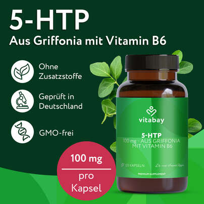 Sie sehen eine Packung Vitabay 5-HTP - 100 mg aus Griffonia mit Vitamin B6, Produktbild: 03 Vitabay 5-HTP - 100 mg aus Griffonia mit Vitamin B6, A-Nr.: 6048999 - 03