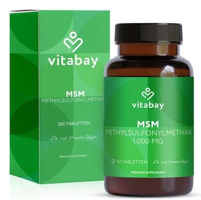 Sie sehen eine Packung Vitabay MSM - Methylsulfonylmethan 1.000 mg, Produktbild: 01 Vitabay MSM - Methylsulfonylmethan 1.000 mg, A-Nr.: 6049013 - 01