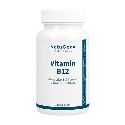 Sie sehen eine Packung NatuGena Vitamin B12 Kapseln, Produktbild: 01 NatuGena Vitamin B12 Kapseln, A-Nr.: 5989866 - 01