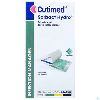 Sie sehen eine Packung Cutimed/sorbact Gel Kompressen.bakterienbindend +hydrogel 7,5x 15cm Nr 7261111 10st, Produktbild: 01 Cutimed/sorbact Gel Kompressen.bakterienbindend +hydrogel 7,5x 15cm Nr 7261111 10st, A-Nr.: 3691499 - 01