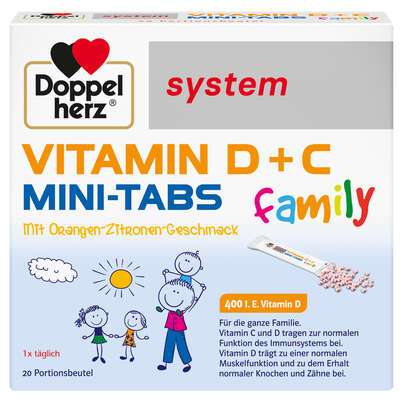 Sie sehen eine Packung Doppelherz system VITAMIN D + C MINI-TABS family, Produktbild: 01 Doppelherz system VITAMIN D + C MINI-TABS family, A-Nr.: 5939590 - 01