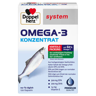 Sie sehen eine Packung Doppelherz system OMEGA-3 KONZENTRAT, Produktbild: 01 Doppelherz system OMEGA-3 KONZENTRAT, A-Nr.: 3821186 - 01