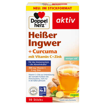 Sie sehen eine Packung Doppelherz Heißer Ingwer + Curcuma, Produktbild: 01 Doppelherz Heißer Ingwer + Curcuma, A-Nr.: 5677003 - 01