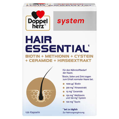 Sie sehen eine Packung Doppelherz system HAIR ESSENTIAL¹, Produktbild: 01 Doppelherz system HAIR ESSENTIAL¹, A-Nr.: 6027454 - 01