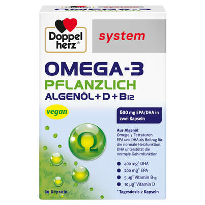 Sie sehen eine Packung Doppelherz system OMEGA-3 PFLANZLICH Herzfunktion + Immunsystem, Produktbild: 01 Doppelherz system OMEGA-3 PFLANZLICH Herzfunktion + Immunsystem, A-Nr.: 4766130 - 01