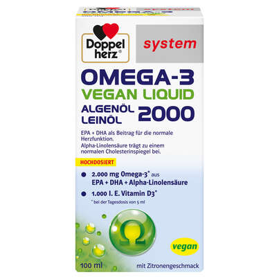 Sie sehen eine Packung Doppelherz system OMEGA-3 VEGAN LIQUID 2000, Produktbild: 01 Doppelherz system OMEGA-3 VEGAN LIQUID 2000, A-Nr.: 5939584 - 01