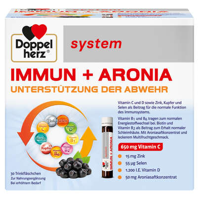 Sie sehen eine Packung Doppelherz system IMMUN + ARONIA - UNTERSTÜTZUNG DER ABWEHR, Produktbild: 01 Doppelherz system IMMUN + ARONIA - UNTERSTÜTZUNG DER ABWEHR, A-Nr.: 5678014 - 01