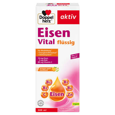 Sie sehen eine Packung Doppelherz Eisen Vital flüssig - mit Orangen-Apfel-Geschmack, Produktbild: 01 Doppelherz Eisen Vital flüssig - mit Orangen-Apfel-Geschmack, A-Nr.: 5677612 - 01