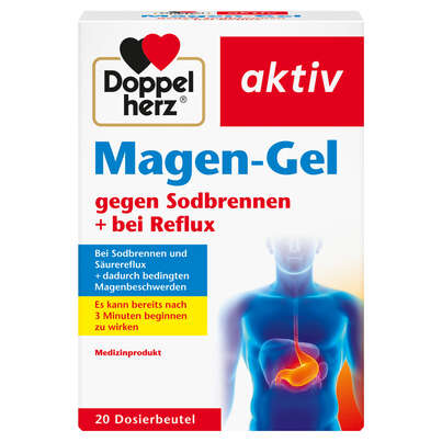 Sie sehen eine Packung Doppelherz Magen-Gel gegen Sodbrennen + bei Reflux, Produktbild: 01 Doppelherz Magen-Gel gegen Sodbrennen + bei Reflux, A-Nr.: 5677807 - 01