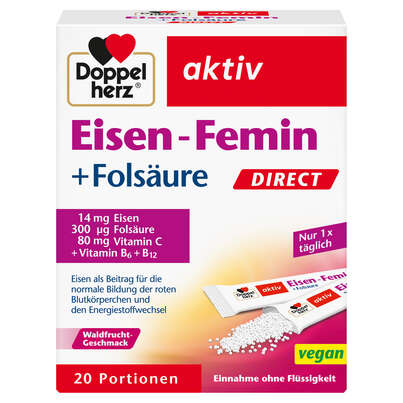 Sie sehen eine Packung Doppelherz Eisen-Femin DIRECT + Folsäure, Produktbild: 01 Doppelherz Eisen-Femin DIRECT + Folsäure, A-Nr.: 5677552 - 01