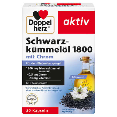 Sie sehen eine Packung Doppelherz Schwarzkümmelöl 1800, Produktbild: 01 Doppelherz Schwarzkümmelöl 1800, A-Nr.: 5966173 - 01