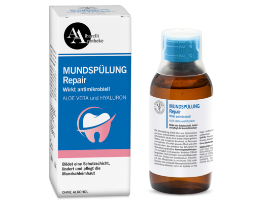 Sie sehen eine Packung MUNDSPÜLUNG REPAIR 150 ML, Produktbild: 01 MUNDSPÜLUNG REPAIR 150 ML, A-Nr.: 8025123 - 01
