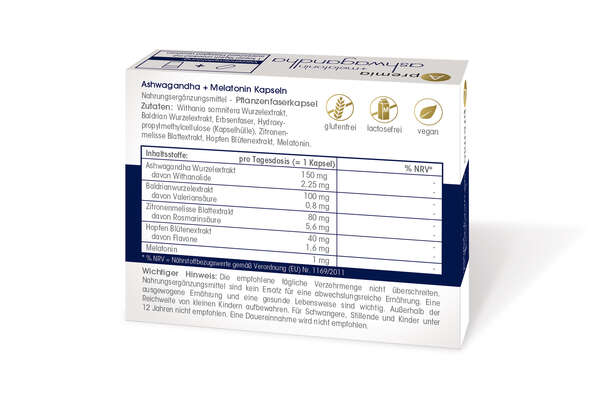 Sie sehen eine Packung Apremia Ashwagandha + Melatonin, Produktbild: 02 Apremia Ashwagandha + Melatonin, A-Nr.: 5240447 - 02
