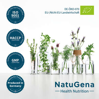 Sie sehen eine Packung NatuGena Bio-Gerstengras + C Kapseln, Produktbild: 05 NatuGena Bio-Gerstengras + C Kapseln, A-Nr.: 6036105 - 05